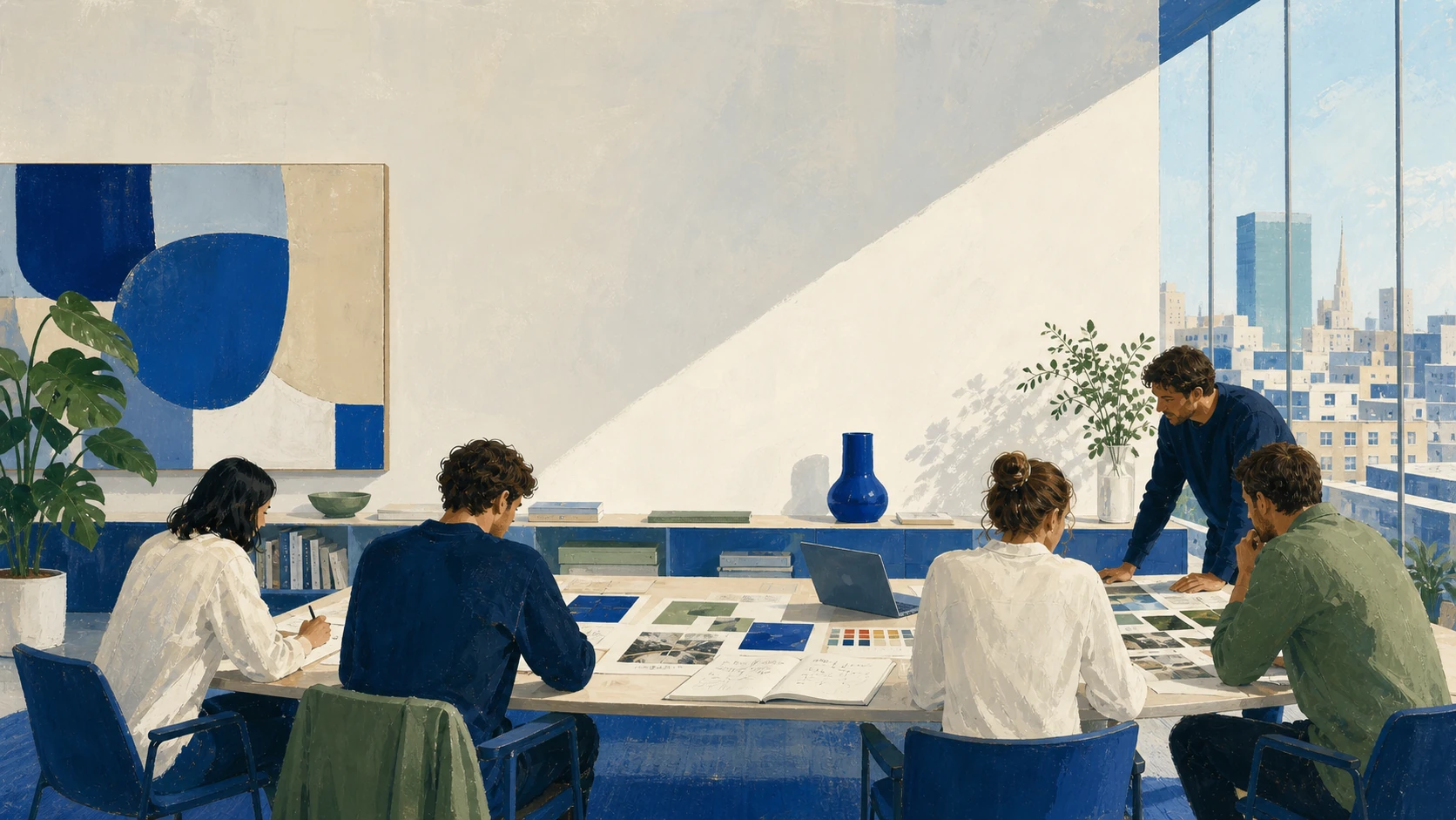 A marketing team shaping creative work together in a sunlit studio